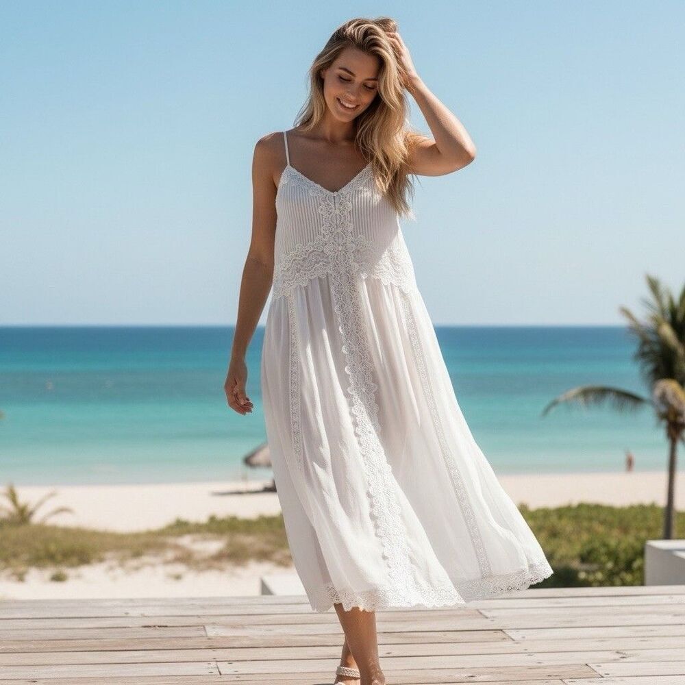 Caroline Constas Ivory White Chiffon Lace Trim Midi Dress Size S NEW